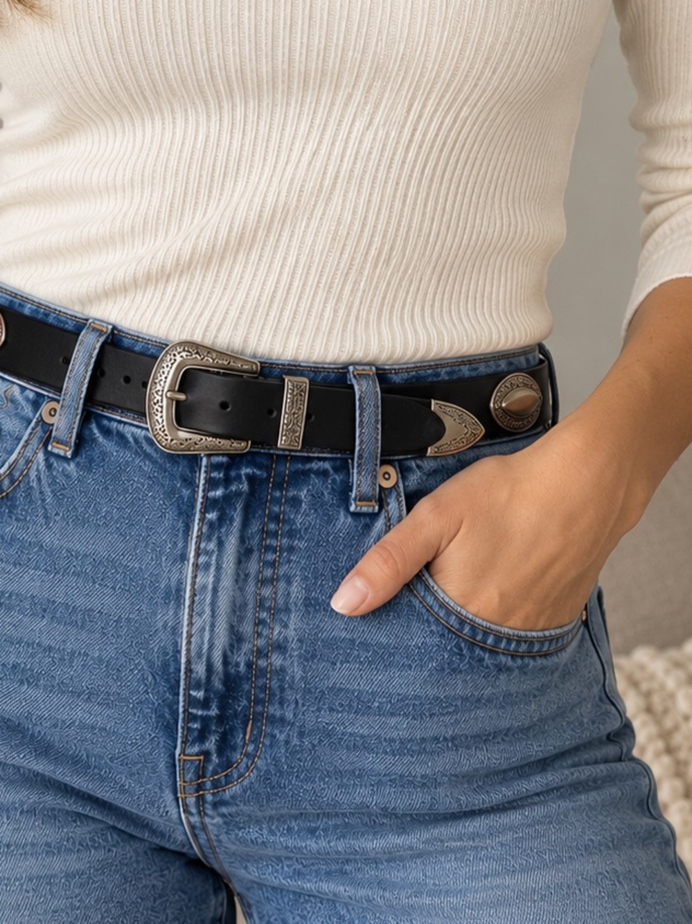 Bill Blass Black Skinny Belt Silver Tone Engraved Buckle USA Made
